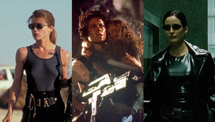 Female heroes of classic sci-fi movies. Sigourney Weaver, Linda Hamilton, Carrie-Anne Moss
